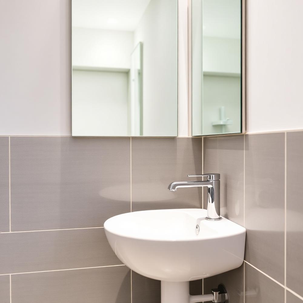 Baie modernă cu chiuvetă și baterie montate recent